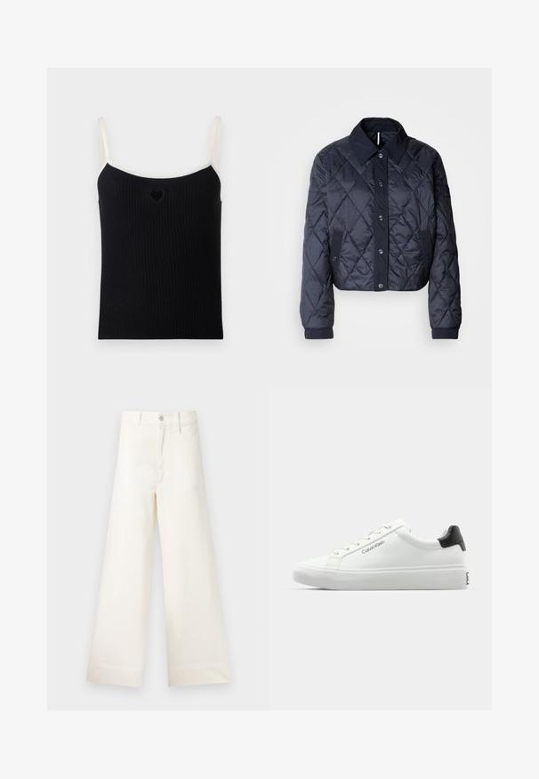 Chaqueta acolchada de color azul marino con un gran cuello, cierre de botones y puños elásticos. Presenta costuras diagonales y bolsillos laterales. Textura suave y lisa.; Top de tirantes negro acanalado con delgados tirantes crema y un pequeño corte en forma de corazón en la parte delantera. Textura suave, diseño ajustado y estilo minimalista.; Pantalones de pierna ancha en algodón beige claro. Presenta una cintura alta, bolsillos frontales y un corte recto. Acabado de dobladillo limpio sin patrones.; Sneaker blanca con un acabado suave, acento negro en el talón y diseño de cordones. Presenta la marca "Calvin Klein" en el lateral. Estilo minimalista.