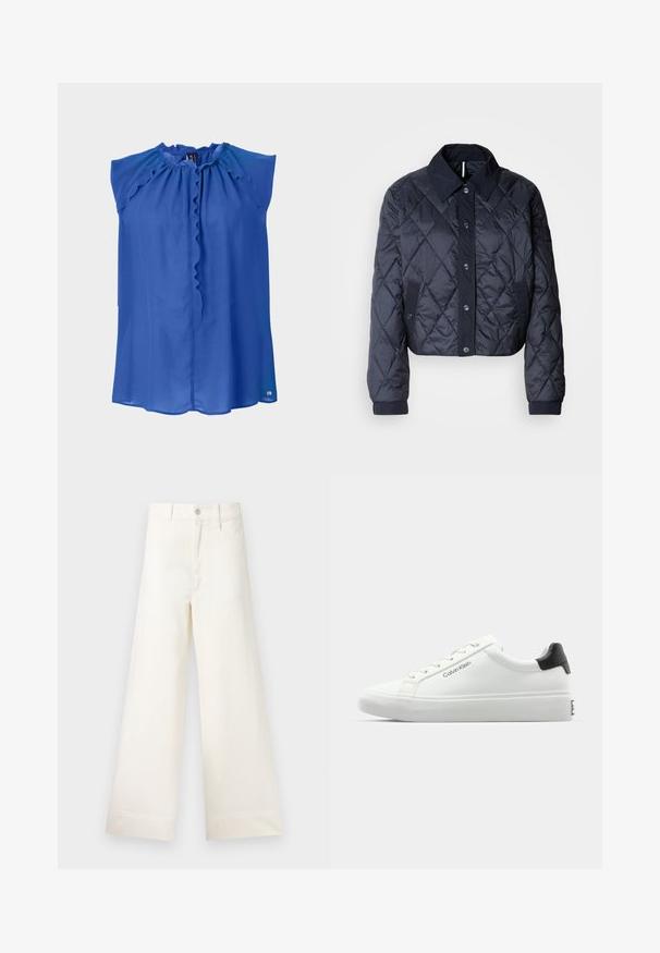 Tamsiai mėlynas paminkštintas švarkas su didele apykakle, mygtukų uždarymu ir elastingomis rankovėmis. Pasižymi įstrižainiais siūlais ir šoninėmis kišenėmis. Minkšta, lygi tekstūra.; Mėlynas be rankovių palaidinė su raukšlėta apykakle, lygia tekstūra ir šiek tiek laisvu siluetu. Yra sagų užsegimas ir subtilus logotipas apačioje.; Platus kojų kelnes šviesiai smėlio spalvos medvilnės. Aukšta juosmens linija, priekinės kišenės ir tiesus kirpimas. Švarus apvadas be raštų.; Baldos suknelės sportbačiai su lygiu paviršiumi, juodu kulno akcentu ir raištelių dizainu. Šone matoma "Calvin Klein" prekės ženklo ženklas. Minimalistinio stiliaus.