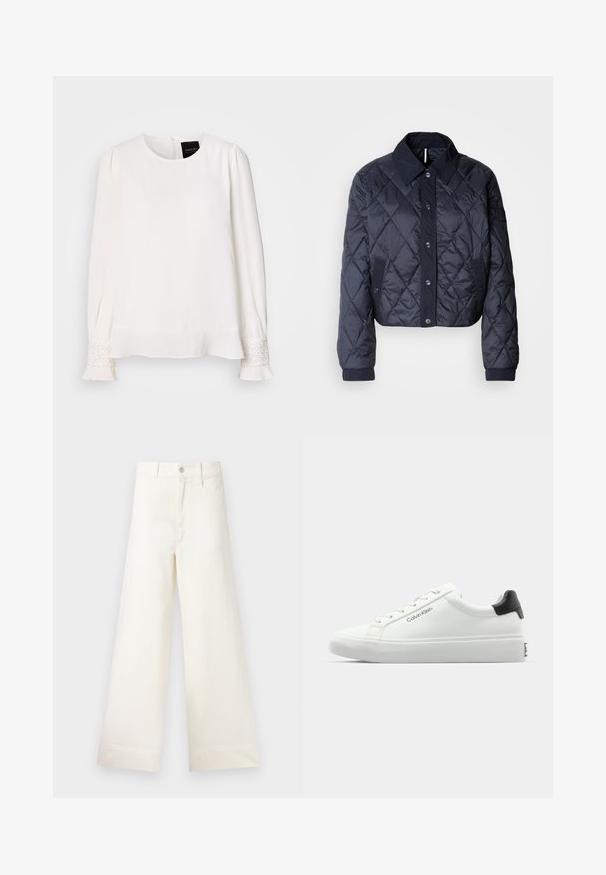 Navy blue quilted jacket with a large collar, button front, and elastic cuffs. Features diagonal stitching and side pockets. Soft, smooth texture.; White long-sleeve blouse with round neckline, pleated shoulders, and jeweled accents at the cuffs, featuring a smooth, satin-like texture.; Wide-leg trousers in light beige cotton. Features a high waist, front pockets, and a straight cut. Clean hem finishing without patterns.; White sneaker with a smooth finish, black heel accent, and lace-up design. Features "Calvin Klein" branding on the side. Minimalist style.