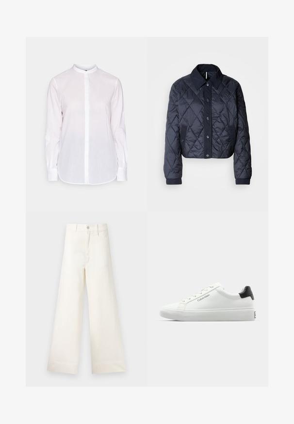 Casaco acolchoado azul marinho com um grande colarinho, fecho de botões e punhos elásticos. Apresenta costura diagonal e bolsos laterais. Textura suave e lisa.; Camisa branca de mangas compridas com colarinho mandarim, fecho frontal com botões e bainha ligeiramente curva. Feita de tecido leve e texturizado.; Calças largas em algodão bege claro. Apresentam uma cintura alta, bolsos frontais e um corte reto. Acabamento de bainha limpo, sem padrões.; Sapatilha branca com acabamento liso, detalhe preto no calcanhar e design com atacadores. Apresenta a marca "Calvin Klein" na lateral. Estilo minimalista.