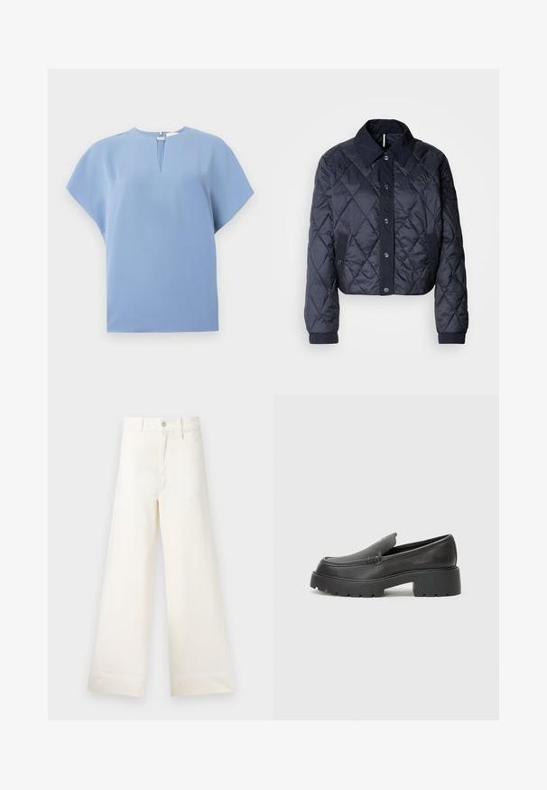 Tumši zils, quiltēts jaka ar lielu apkakli, pogu fasādi un elastīgām aprocēm. Satur diagonālas šuves un sānu kabatas. Mīksta, gluda tekstūra.; Gaiši zils īsu piedurkņu tops ar apaļu kakla izgriezumu, priekšējo krokas detaļu un mīkstu, gludu audumu ar minimālu šuvju skaitu.; Platākas kāju bikses gaiši pelēkā kokvilnā. Iespējams augsts jostasvieta, priekšējās kabatas un taisna griezuma. Tīrs apakšmalas apdare bez rakstiem.; Melnas ādas mokasīni ar noapaļotu purngalu, biezs teksturēts zoles un minimālas dūriena detaļas. Gluds dizains bez redzamām auklām vai metāla elementiem.