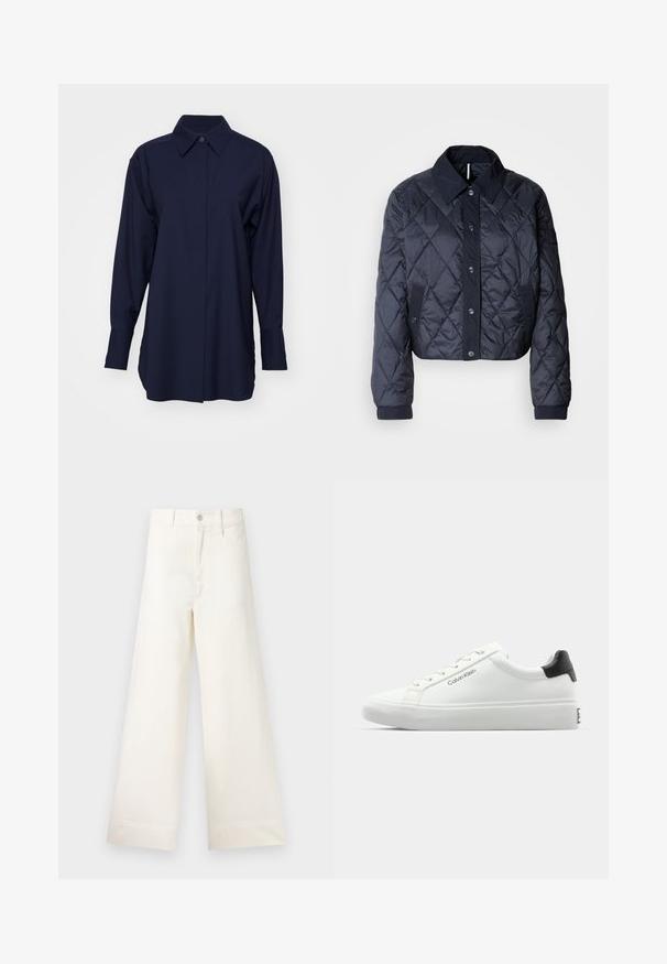 Navy blue quilted jacket with a large collar, button front, and elastic cuffs. Features diagonal stitching and side pockets. Soft, smooth texture.; Navy blue, long-sleeve shirt made from smooth fabric, featuring a pointed collar and a button front, with a relaxed fit and side slits.; Wide-leg trousers in light beige cotton. Features a high waist, front pockets, and a straight cut. Clean hem finishing without patterns.; White sneaker with a smooth finish, black heel accent, and lace-up design. Features "Calvin Klein" branding on the side. Minimalist style.