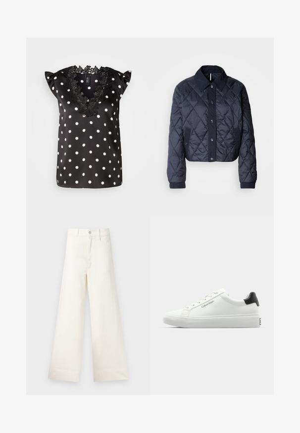 Námornícky modrá prešívaná bunda s veľkým golierom, predným zapínaním na gombíky a elastickými manžetami. Obsahuje diagonálne prešitie a bočné vrecká. Mäkká, hladká štruktúra.; Čierna blúzka s bielymi bodkami, má krátke volánové rukávy a čipkový výstrih so zvlnením. Hladký saténový materiál.; Široké nohavice z ľahkej béžovej bavlny. Majú vysoký pás, predné vrecká a rovný strih. Čisté ukončenie bez vzorov.; Biele tenisky s hladkým povrchom, čiernym akcentom na päte a šnurovacími detailmi. Na boku je značka "Calvin Klein". Minimalistický štýl.