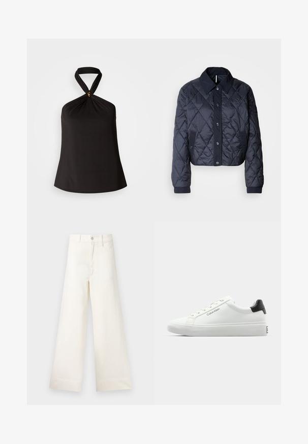 Chaqueta acolchada de color azul marino con un gran cuello, cierre de botones y puños elásticos. Presenta costuras diagonales y bolsillos laterales. Textura suave y lisa.; Top halter negro hecho de una tela suave, con un diseño de cuello torcido y un acento decorativo dorado en el centro. Silueta simple y fluida.; Pantalones de pierna ancha en algodón beige claro. Presenta una cintura alta, bolsillos frontales y un corte recto. Acabado de dobladillo limpio sin patrones.; Sneaker blanca con un acabado suave, acento negro en el talón y diseño de cordones. Presenta la marca "Calvin Klein" en el lateral. Estilo minimalista.