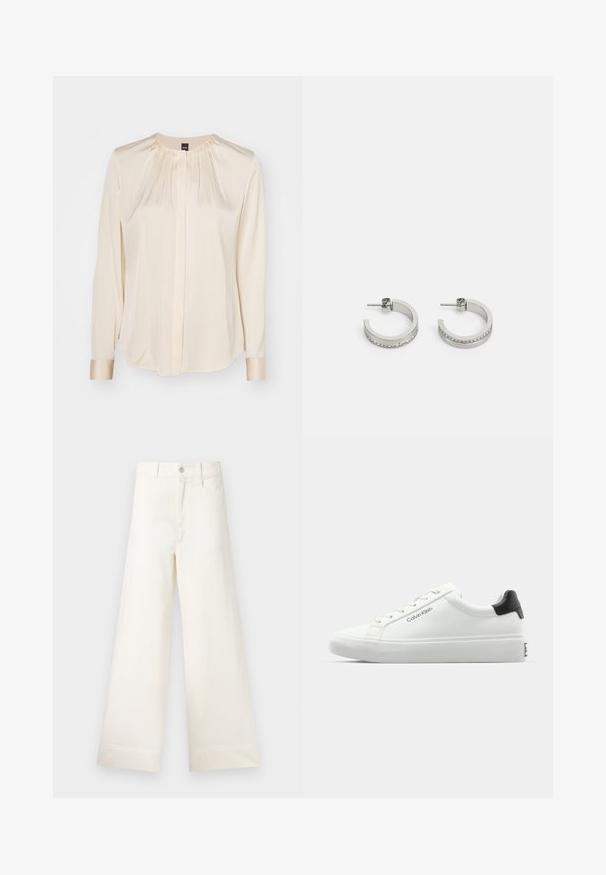Giacca trapuntata blu navy con un ampio colletto, chiusura anteriore con bottoni e polsini elasticizzati. Presenta cuciture diagonali e tasche laterali. Tessuto morbido e liscio.; BOSS BANORAH - Camicia - open yellow; Pantaloni a gamba larga in cotone beige chiaro. Caratterizzati da vita alta, tasche anteriori e un taglio dritto. Orlo pulito senza motivi.; Sneaker bianca con finitura liscia, accentuazione nera sul tallone e design con lacci. Presenta il marchio "Calvin Klein" sul lato. Stile minimalista.; Orecchini a cerchio in argento con una superficie liscia e una fila di piccole pietre trasparenti lungo il bordo inferiore, dotati di chiusura a perno.