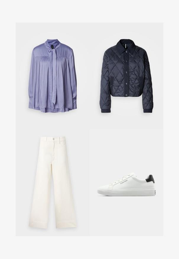 Granatowa pikowana kurtka z dużym kołnierzem, zapinana na guziki, z elastycznymi mankietami. Oferuje skośne przeszycia i boczne kieszenie. Miękka, gładka faktura.; Jasnolawendowa bluzka z gładkiego, jedwabistego materiału. Posiada kokardę wiązaną przy kołnierzyku oraz plisowany fason. Długie rękawy z marszczonymi mankietami.; Szerokie spodnie w jasnym beżowym kolorze wykonane z bawełny. Charakteryzują się wysokim stanem, kieszeniami z przodu oraz prostym krojem. Czyste wykończenie brzegów bez wzorów.; Białe sneakersy o gładkim wykończeniu, z czarnym akcentem na pięcie i sznurowanym zapięciem. Posiadają branding "Calvin Klein" po bokach. Styl minimalistyczny.