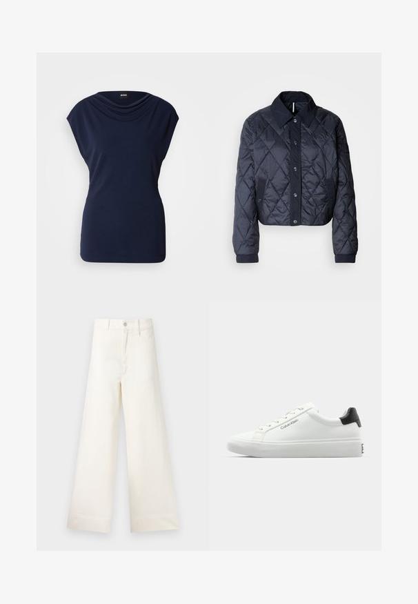 Ναυτικών μπλε καπιτονέ μπουφάν με μεγάλο γιακά, κουμπιά μπροστά και ελαστικές μανσέτες. Διαθέτει διαγώνιες ραφές και πλαϊνές τσέπες. Μαλακή, λεία υφή.; Μπλέ τοπ με λαιμόκοψη cowl και κοντά μανίκια. Φτιαγμένο από μαλακό ύφασμα, με στενή σιλουέτα και διακριτικές λεπτομέρειες στις πλαϊνές ραφές.; Φαρδιές παντελόνες από ανοιχτό μπεζ βαμβάκι. Διαθέτουν ψηλή μέση, μπροστινές τσέπες και ευθεία γραμμή. Καθαρό τελείωμα χωρίς σχέδια.; Λευκό αθλητικό παπούτσι με λεία φινίρισμα, μαύρη λεπτομέρεια στη φτέρνα και σχέδιο που δένει με κορδόνια. Φέρει το λογότυπο "Calvin Klein" στην πλευρά. Μινιμαλιστικός σχεδιασμός.