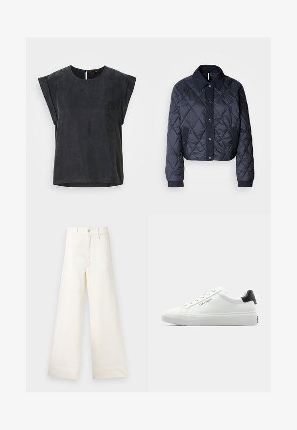 Tmavě modrá prošívaná bunda s velkým límcem, zapínáním na knoflíky a elastickými manžetami. Má diagonální prošití a boční kapsy. Měkká, hladká textura.; Černý krátký rukáv top s kulatým výstřihem a minimalistickým designem. Hladká textura s jemným leskem, obsahuje zapínání na klíčovou díru na zádech.; Kalhoty s širokými nohavicemi v světle béžové bavlně. Mají vysoký pas, přední kapsy a rovný střih. Čistý lem bez vzorů.; Bílé tenisky s hladkým povrchem, černým akcentem na patě a šněrovacím designem. Na boku mají značku "Calvin Klein". Minimalistický styl.