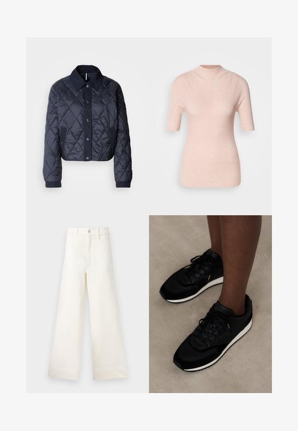 Granatowa pikowana kurtka z dużym kołnierzem, zapinana na guziki, z elastycznymi mankietami. Oferuje skośne przeszycia i boczne kieszenie. Miękka, gładka faktura.; Jasnoróżowa bluzka z krótkim rękawem i wysokim dekoltem, z teksturowanym prążkowanym wzorem na neutralnym tle.; Szerokie spodnie w jasnym beżowym kolorze wykonane z bawełny. Charakteryzują się wysokim stanem, kieszeniami z przodu oraz prostym krojem. Czyste wykończenie brzegów bez wzorów.; Czarne buty sportowe z połączeniem gładkich i teksturowanych materiałów, z okrągłymi sznurowadłami, białą podeszwą środkową i subtelnymi akcentami marki.