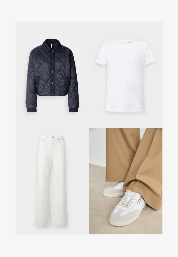 Veste matelassée bleu marine avec un grand col, fermeture à boutons et poignets élastiques. Comprend des coutures diagonales et des poches latérales. Texture douce et lisse.; T-shirt blanc à manches courtes en coton avec un col ras du cou. Texture lisse et coupe droite, sans motifs ni accents.; Samsøe Samsøe SHELLY - Jean boyfriend - clear cream; Baskets blanches avec des accents en daim, des lacets texturés et une semelle en caoutchouc. Associées à un pantalon beige ample. Logo affiché sur le côté.