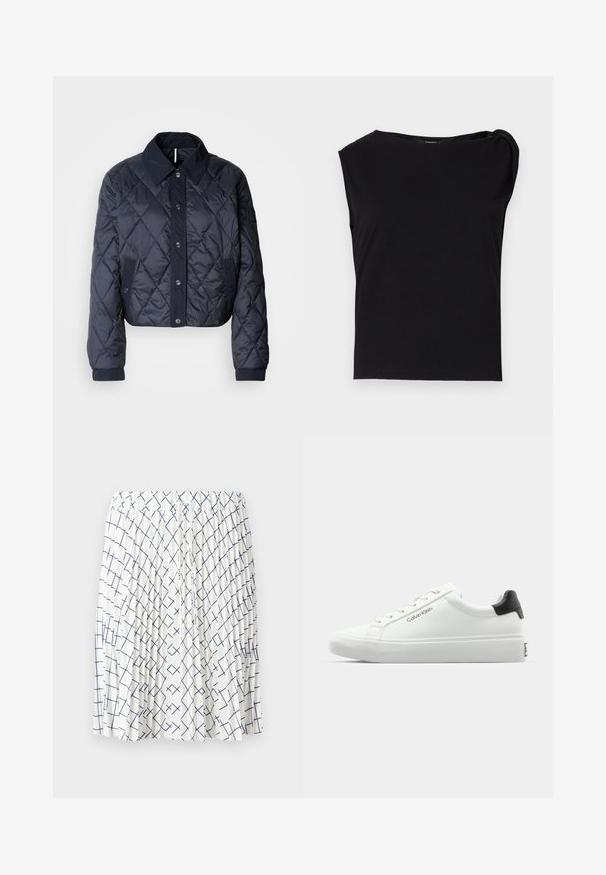 Navy blue quilted jacket with a large collar, button front, and elastic cuffs. Features diagonal stitching and side pockets. Soft, smooth texture.; Black short-sleeve top made of smooth fabric. Features a round neckline and draped detail on the shoulder. Simple, fitted design.; White skirt with a pleated design, featuring a navy blue geometric pattern of intersecting lines. Elastic waistband with drawstring detail.; White sneaker with a smooth finish, black heel accent, and lace-up design. Features "Calvin Klein" branding on the side. Minimalist style.