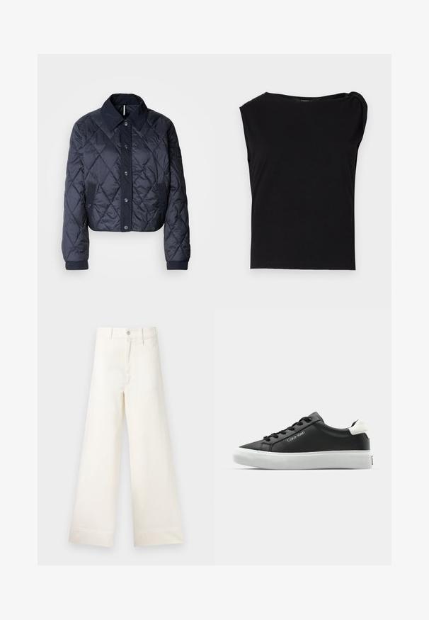 Tumedat sinise värvi tikandiga jakk suure krae, nööpidega esituse ja elastsete mansettidega. Omab diagonaalõmblusi ja küljetaskuid. Pehme, sile tekstuur.; Must be pime mustaga lühikese varrukaga topp, mis on valmistatud sileda kangaga. Omab ringikujulist kaeluse ja õlariba detaili. Lihtne, keha järgiv disain.; Laiad püksid heleses puuvillas. Omavad kõrget vööd, ees on taskud ja sirge lõige. Puhtad ääred ilma mustriteta.; Must musta tossud valge kummist tallaga. Omab musti paelu ja logo külgedel. Ümar nina ja pehmendatud krae.