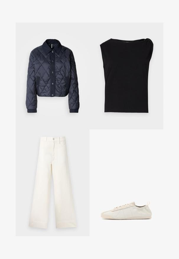 Navy blue quilted jacket with a large collar, button front, and elastic cuffs. Features diagonal stitching and side pockets. Soft, smooth texture.; Black short-sleeve top made of smooth fabric. Features a round neckline and draped detail on the shoulder. Simple, fitted design.; Wide-leg trousers in light beige cotton. Features a high waist, front pockets, and a straight cut. Clean hem finishing without patterns.; Cream leather sneaker with a rounded toe, lace-up design, textured accents, and textured rubber sole featuring zigzag traction pattern.