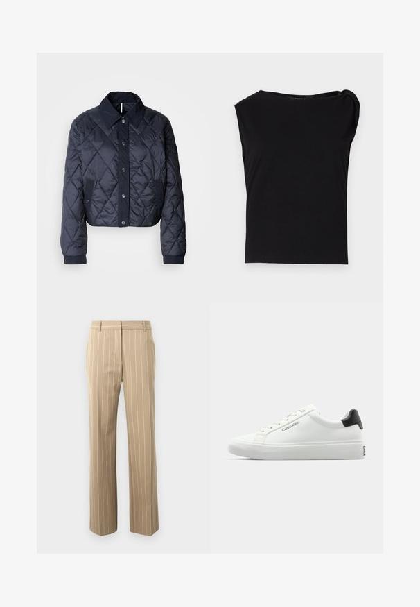 Navy blue quilted jacket with a large collar, button front, and elastic cuffs. Features diagonal stitching and side pockets. Soft, smooth texture.; Black short-sleeve top made of smooth fabric. Features a round neckline and draped detail on the shoulder. Simple, fitted design.; Beige trousers with a tailored fit, featuring vertical white pinstripes, smooth texture, belt loops, and two front pockets.; White sneaker with a smooth finish, black heel accent, and lace-up design. Features "Calvin Klein" branding on the side. Minimalist style.