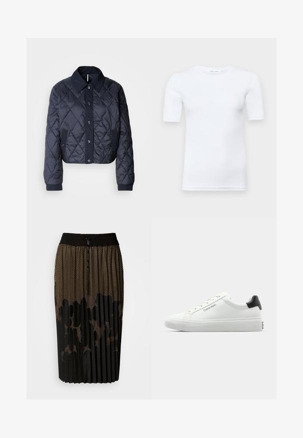Mørkeblå quiltet jakke med en stor krave, knaplukning foran og elastiske manchetter. Har diagonal syning og sidelommer. Blød, glat tekstur.; Hvid kortærmet t-shirt lavet af bomuld. Har en rund halsudskæring og en glat overflade, med minimal syning synlig ved kanten.; Sort plisseret nederdel med et netoverlæg, der har et prikket mønster, elastisk taljebånd med snor og en midt længde.; Hvid sneakers med en glat overflade, sort hælaccent og snørebåndsdesign. Har "Calvin Klein" branding på siden. Minimalistisk stil.