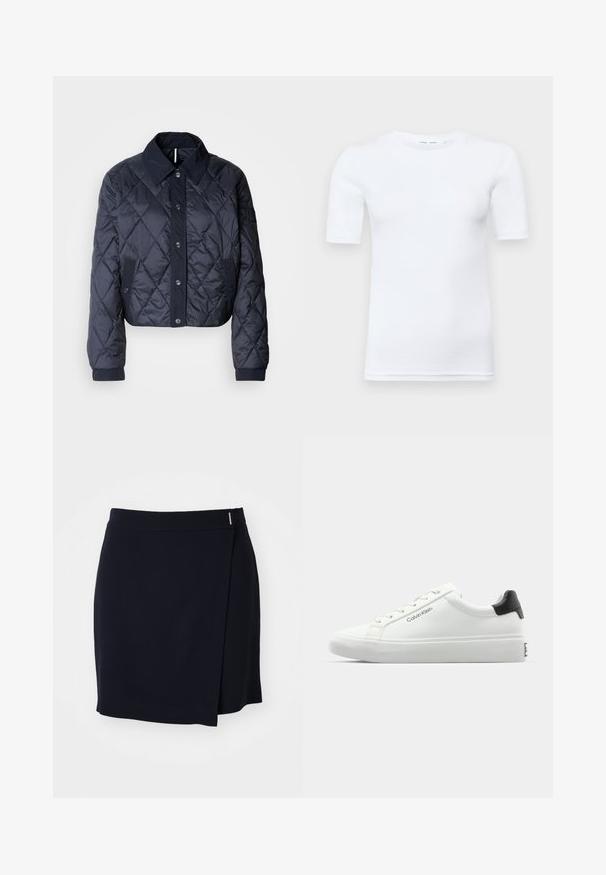 Tamsiai mėlynas paminkštintas švarkas su didele apykakle, mygtukų uždarymu ir elastingomis rankovėmis. Pasižymi įstrižainiais siūlais ir šoninėmis kišenėmis. Minkšta, lygi tekstūra.; Balta trumpa rankovėmis marškinėliai pagaminti iš medvilnės. Yra su apvalia iškirpte ir sklandžiu paviršiumi, minimaliai matomi siūlai apvade.; Jūrinės mėlynos mini apvyniojimo sijonas iš lygaus audinio su šonine praplatinimo ir mažai metaline detalė ant juosmens. Švarus, minimalistinis dizainas.; Baldos suknelės sportbačiai su lygiu paviršiumi, juodu kulno akcentu ir raištelių dizainu. Šone matoma "Calvin Klein" prekės ženklo ženklas. Minimalistinio stiliaus.