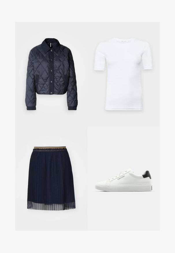 Granatowa pikowana kurtka z dużym kołnierzem, zapinana na guziki, z elastycznymi mankietami. Oferuje skośne przeszycia i boczne kieszenie. Miękka, gładka faktura.; Biała koszulka z krótkim rękawem wykonana z bawełny. Posiada okrągły dekolt oraz gładką teksturę, z minimalnie widocznym ściegiem przy dolnym wykończeniu.; Granatowa plisowana spódnica z teksturowaną siateczką, z kontrastowym pasem w talii i przezroczystym wykończeniem dołu.; Białe sneakersy o gładkim wykończeniu, z czarnym akcentem na pięcie i sznurowanym zapięciem. Posiadają branding "Calvin Klein" po bokach. Styl minimalistyczny.
