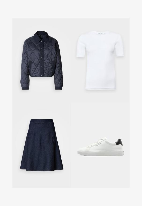 Námornícky modrá prešívaná bunda s veľkým golierom, predným zapínaním na gombíky a elastickými manžetami. Obsahuje diagonálne prešitie a bočné vrecká. Mäkká, hladká štruktúra.; Biely krátky rukávový tričko vyrobené z bavlny. Má okrúhly výstrih a hladkú textúru, s minimálnym švom viditeľným na leme.; Tmavé denimové sukne vo forme A, s pásom strednej výšky, s dvoma bočnými vreckami a kontrastným šitím na okrajoch. Hladká textúra.; Biele tenisky s hladkým povrchom, čiernym akcentom na päte a šnurovacími detailmi. Na boku je značka "Calvin Klein". Minimalistický štýl.
