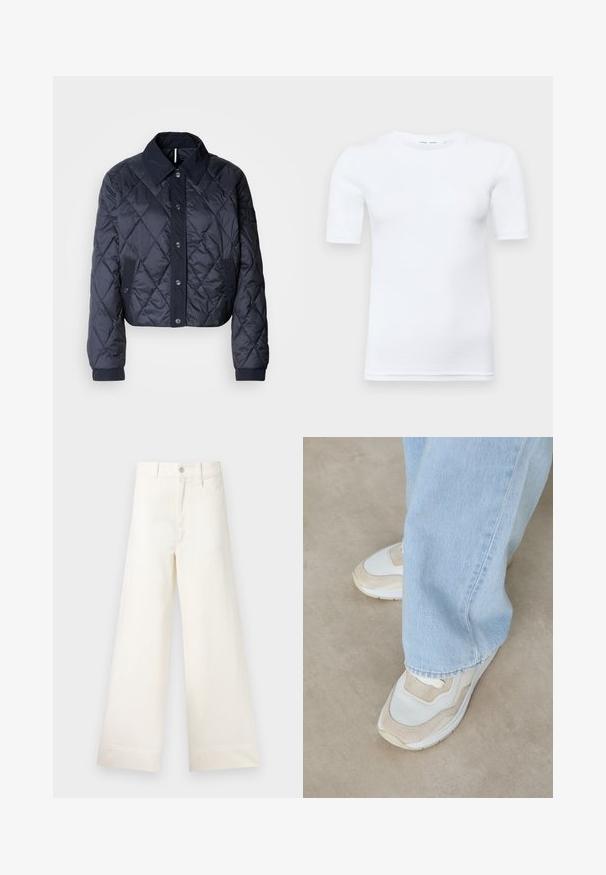 Námornícky modrá prešívaná bunda s veľkým golierom, predným zapínaním na gombíky a elastickými manžetami. Obsahuje diagonálne prešitie a bočné vrecká. Mäkká, hladká štruktúra.; Biely krátky rukávový tričko vyrobené z bavlny. Má okrúhly výstrih a hladkú textúru, s minimálnym švom viditeľným na leme.; Široké nohavice z ľahkej béžovej bavlny. Majú vysoký pás, predné vrecká a rovný strih. Čisté ukončenie bez vzorov.; Béžové a biele tenisky kombinujúce sieťovinový a semišový materiál, okrúhly špička a gumová podrážka, v kombinácii so svetlomodrými džínsy.
