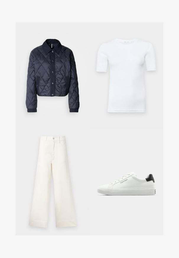 Marineblauwe gewatteerde jas met een grote kraag, knopen vooraan en elastische manchetten. Heeft diagonale stiksels en zijzakken. Zachte, gladde textuur.; Witte korte mouw t-shirt gemaakt van katoen. Heeft een ronde halslijn en een gladde textuur, met minimale stiksels zichtbaar aan de zoom.; Bredere broek van lichtbeige katoen. Heeft een hoge taille, voorzakken en een rechte snit. Schoon afgewerkte zoom zonder patronen.; Witte sneaker met een gladde afwerking, zwarte hielaccenten en vetersluiting. Bevat "Calvin Klein" branding aan de zijkant. Minimalistische stijl.