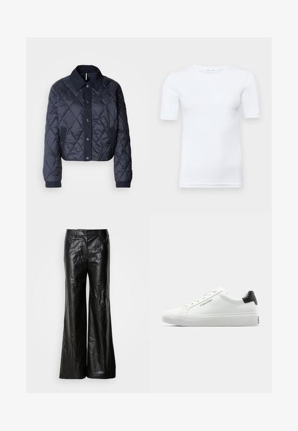 Tumši zils, quiltēts jaka ar lielu apkakli, pogu fasādi un elastīgām aprocēm. Satur diagonālas šuves un sānu kabatas. Mīksta, gluda tekstūra.; Balts īsām piedurknēm T-krekls, kas izgatavots no kokvilnas. Tam ir apaļš kakla izgriezums un gluda tekstūra, ar minimāliem vīlēm, kas redzamas pie apakšmalas.; Melnas ādas platās bikses ar gludu tekstūru, kurām ir klasiskā josta un sānu kabatas. Dizains ir vienkāršs un elegants.; Baltas sporta apavi ar gludu virsmu, melnu papēža akcentu un šauriem sašuvumiem. Sānos ir "Calvin Klein" zīmols. Minimālistisks stils.