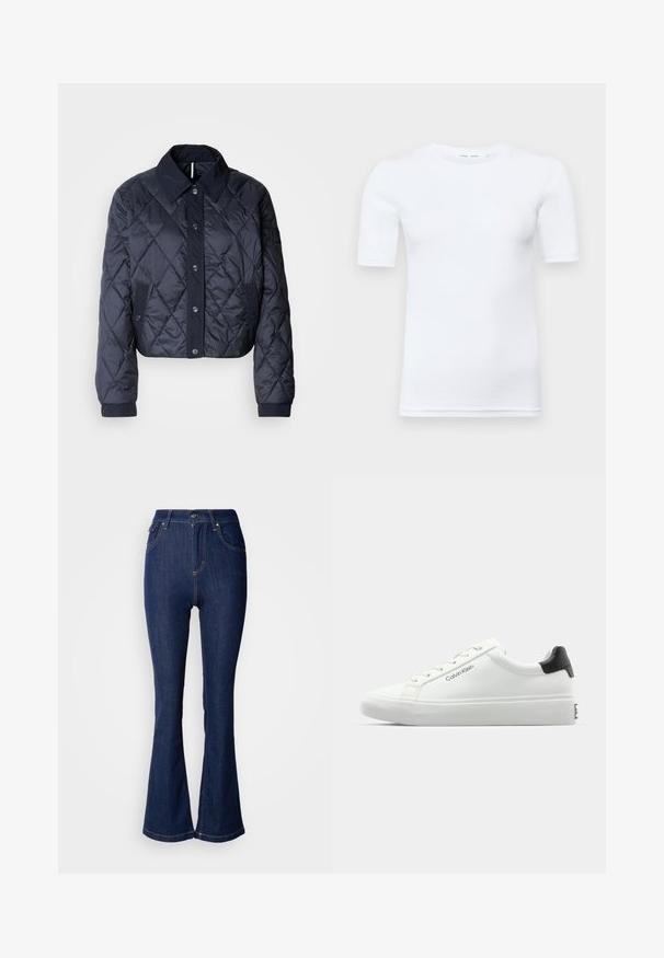 Tumši zils, quiltēts jaka ar lielu apkakli, pogu fasādi un elastīgām aprocēm. Satur diagonālas šuves un sānu kabatas. Mīksta, gluda tekstūra.; Balts īsām piedurknēm T-krekls, kas izgatavots no kokvilnas. Tam ir apaļš kakla izgriezums un gluda tekstūra, ar minimāliem vīlēm, kas redzamas pie apakšmalas.; Tumši zili platākā stila džinsi no denima ar augstu jostasvietu, ar priekšējām kabatām, kontrastējošām šuvēm un poga-fly aizdari.; Baltas sporta apavi ar gludu virsmu, melnu papēža akcentu un šauriem sašuvumiem. Sānos ir "Calvin Klein" zīmols. Minimālistisks stils.