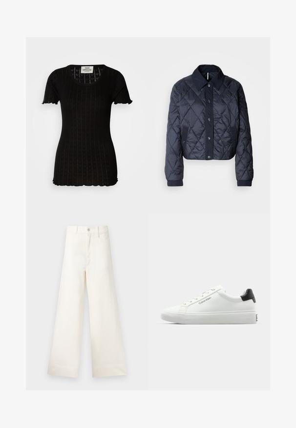 Marineblauer, gesteppter Regenmantel mit großem Kragen, Knopfverschluss vorne und elastischen Manschetten. Mit diagonaler Naht und Seitentaschen. Weiche, glatte Textur.; Schwarzes Kurzarmoberteil mit geripptem Material, das Herzmuster aufweist. Rundhals-Ausschnitt und gewellte Kanten an Ärmeln und Saum.; Weite Hosen aus hellem beigen Baumwollstoff. Mit hoher Taille, vorderen Taschen und geradem Schnitt. Saubere Saumverarbeitung ohne Muster.; Weißer Sneaker mit glatter Oberfläche, schwarzem Absatz und Schnürdesign. Mit "Calvin Klein"-Branding an der Seite. Minimalistischer Stil.