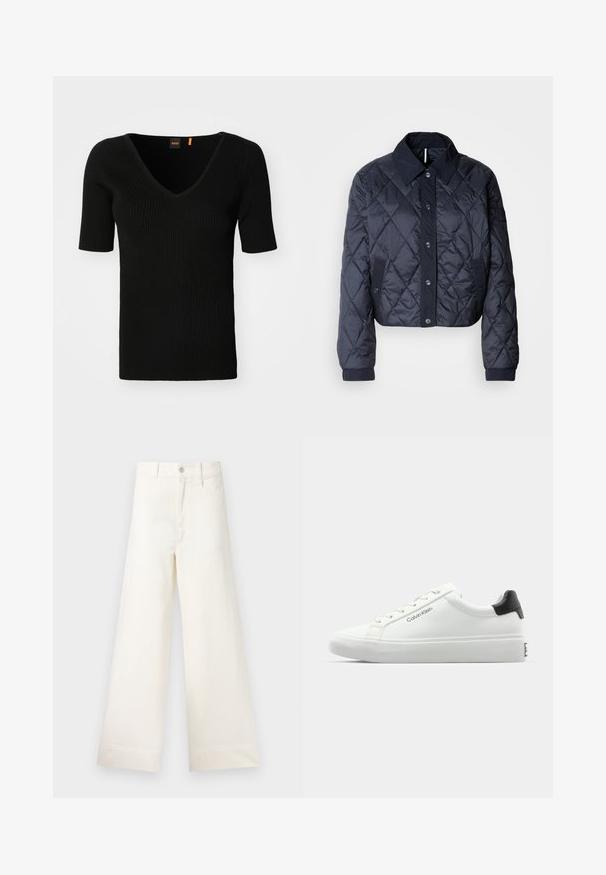 Tumedat sinise värvi tikandiga jakk suure krae, nööpidega esituse ja elastsete mansettidega. Omab diagonaalõmblusi ja küljetaskuid. Pehme, sile tekstuur.; Must värviline lühikeste varrukatega topp V-kaelusega ja kaelas brändi silt. Pehme tekstuur ja keha lähedane lõige tõstavad struktuuri.; Laiad püksid heleses puuvillas. Omavad kõrget vööd, ees on taskud ja sirge lõige. Puhtad ääred ilma mustriteta.; Valge tennisekenks, millel on sile viimistlus, must kontsatarvik ja paelaga disain. Küljel on "Calvin Klein" bränditus. Minimalistlik stiil.