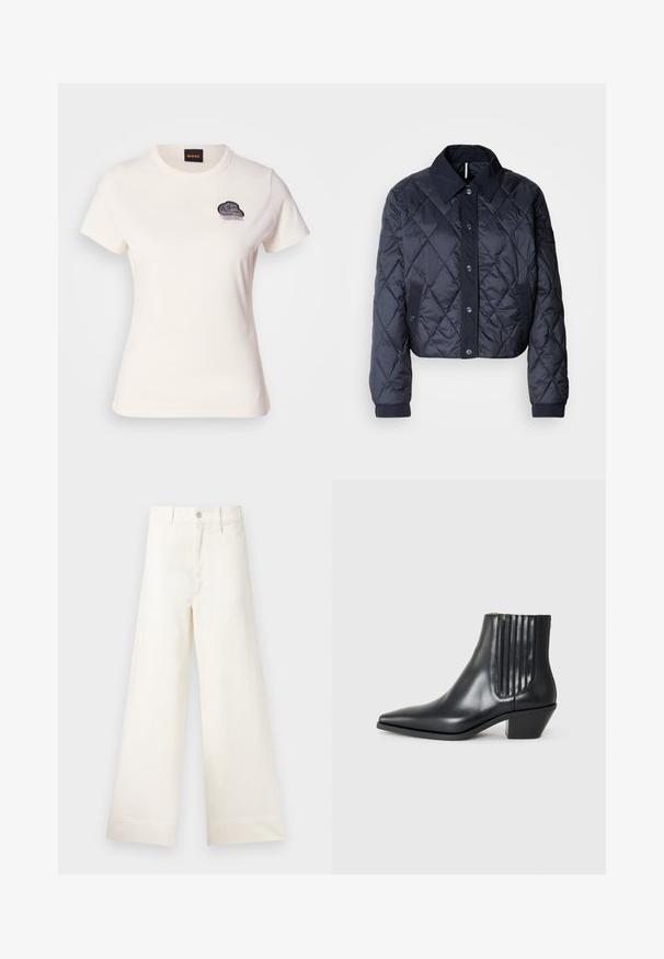 Jachetă matlasată de culoare bleumarin, cu un guler mare, închidere cu nasturi și manșete elastice. Prezintă cusături diagonale și buzunare laterale. Textură moale și netedă.; Tricou alb din bumbac, cu guler rotund și mâneci scurte. Prezintă un design de nor brodat negru cu detalii de franjuri pe piept.; Pantaloni cu croi larg din bumbac bej deschis. Prezintă talie înaltă, buzunare frontale și croi drept. Terminare netedă a tivului, fără modele.; Cizme negre din piele, până la gleznă, cu vârful ascuțit, panouri elastice pe laterale cu striații verticale și toc mic, de tip bloc. Textură netedă și design elegant.