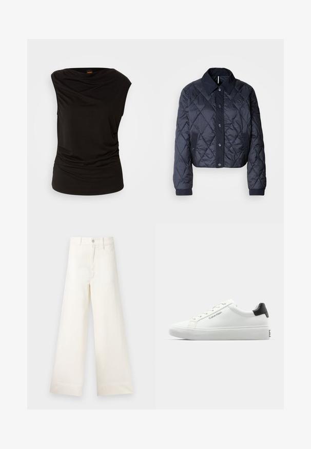 Chaqueta acolchada de color azul marino con un gran cuello, cierre de botones y puños elásticos. Presenta costuras diagonales y bolsillos laterales. Textura suave y lisa.; Top negro sin mangas hecho de una tela suave, con escote drapeado y detalle de fruncido en el costado para una silueta ajustada.; Pantalones de pierna ancha en algodón beige claro. Presenta una cintura alta, bolsillos frontales y un corte recto. Acabado de dobladillo limpio sin patrones.; Sneaker blanca con un acabado suave, acento negro en el talón y diseño de cordones. Presenta la marca "Calvin Klein" en el lateral. Estilo minimalista.