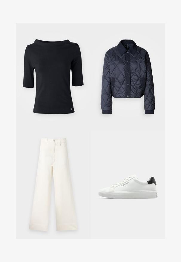 Navy blue quilted jacket with a large collar, button front, and elastic cuffs. Features diagonal stitching and side pockets. Soft, smooth texture.; Black short-sleeve t-shirt made of soft cotton, featuring a wide neckline and a small logo detail at the hem. Smooth texture, regular fit.; Wide-leg trousers in light beige cotton. Features a high waist, front pockets, and a straight cut. Clean hem finishing without patterns.; White sneaker with a smooth finish, black heel accent, and lace-up design. Features "Calvin Klein" branding on the side. Minimalist style.