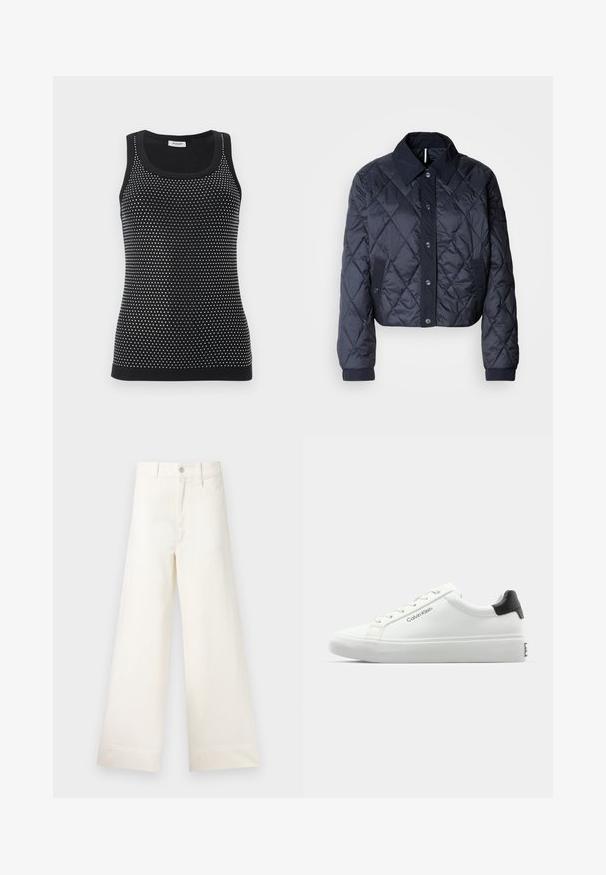 Mørkeblå quiltet jakke med en stor krave, knaplukning foran og elastiske manchetter. Har diagonal syning og sidelommer. Blød, glat tekstur.; Sort tanktop med en tætsiddende design og et struktureret mønster af små hvide prikker. Ribbet halsudskæring og kantdetaljer.; Bredde benbukser i lys beige bomuld. Har høj talje, for- og baglommer samt lige pasform. Renset kantafslutning uden mønstre.; Hvid sneakers med en glat overflade, sort hælaccent og snørebåndsdesign. Har "Calvin Klein" branding på siden. Minimalistisk stil.