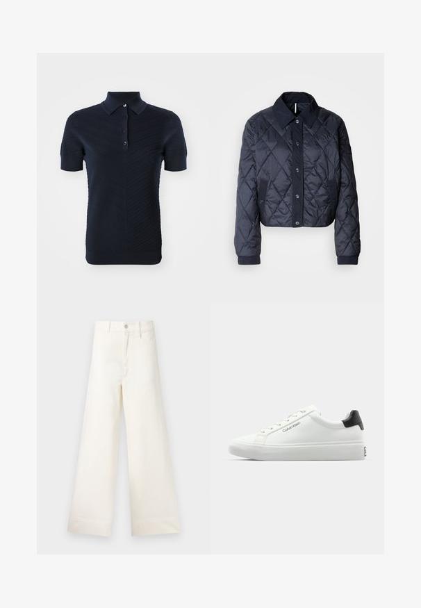 Navy blue quilted jacket with a large collar, button front, and elastic cuffs. Features diagonal stitching and side pockets. Soft, smooth texture.; Navy blue polo shirt features a textured diagonal ribbed pattern, a classic collar, and four black buttons on the placket.; Wide-leg trousers in light beige cotton. Features a high waist, front pockets, and a straight cut. Clean hem finishing without patterns.; White sneaker with a smooth finish, black heel accent, and lace-up design. Features "Calvin Klein" branding on the side. Minimalist style.