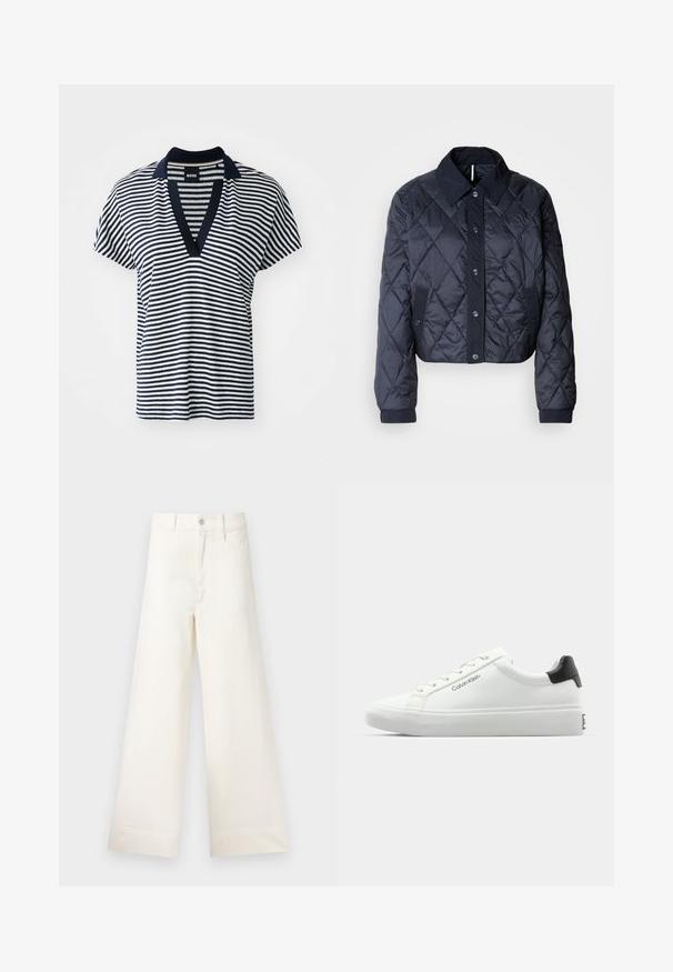 Laivastonsininen tikattu takki, jossa on suuri kaulus, napitus edessä ja elastiset hihansuut. Ominaisuuksiin kuuluu vinosaumaus ja sivutaskut. Pehmeä ja sileä tekstuuri.; Raido lyhythihainen polo-paita tummansinisellä ja valkoisella raidallisella kuosilla, jossa on V-pääntie, yksivärinen tummansininen kaulus ja pehmeä materiaali mukavuutta varten.; Suorat lahkeet vaaleasta beige puuvillasta. Korkea vyötärö, etutaskut ja suora leikkaus. Siisti helman viimeistely ilman kuvioita.; Valkoiset tennarit, joissa on sileä pinta, musta kantapääkorostus ja nauhakiinnitys. Sivulla on "Calvin Klein" -brändäys. Minimalistinen tyyli.