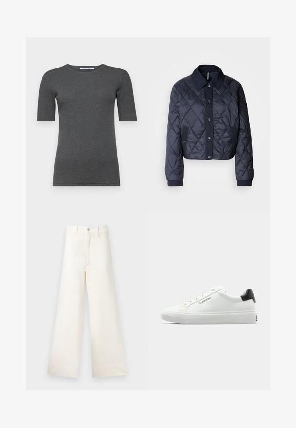Mörkblå quiltad jacka med en stor krage, knappstängning fram och elastiska ärmar. Har diagonala sömmar och sidofickor. Mjuk, slät textur.; Grå kortärmad t-shirt gjord av mjukt, töjbart tyg med rund halsringning och en figursydd form, med en jämn textur och minimalistisk design.; Videbeniga byxor i ljusbeige bomull. Funktioner inkluderar hög midja, framfickor och rak skärning. Rena avslutningar utan mönster.; Vit sneaker med slät finish, svart hälaccent och snörningsdesign. Har "Calvin Klein"-logotyp på sidan. Minimalistisk stil.