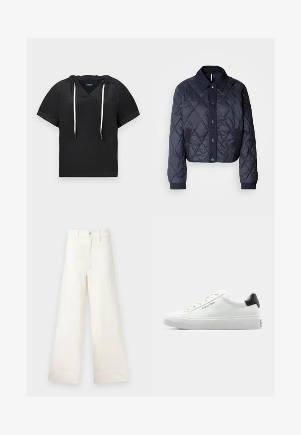 Navy blue quilted jacket with a large collar, button front, and elastic cuffs. Features diagonal stitching and side pockets. Soft, smooth texture.; Black short-sleeve top with a V-neck and adjustable drawstring at the collar. Made of soft fabric with a smooth texture.; Wide-leg trousers in light beige cotton. Features a high waist, front pockets, and a straight cut. Clean hem finishing without patterns.; White sneaker with a smooth finish, black heel accent, and lace-up design. Features "Calvin Klein" branding on the side. Minimalist style.