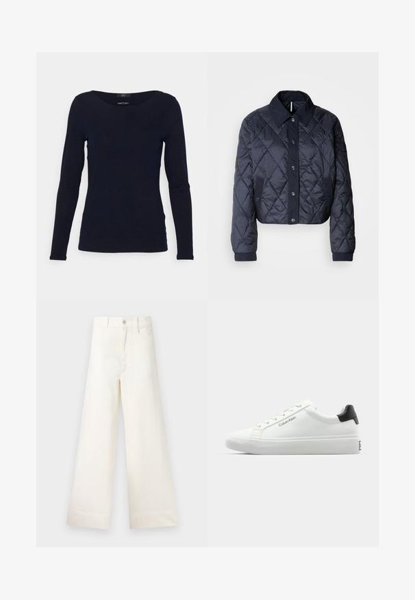 Mørkeblå quiltet jakke med en stor krave, knaplukning foran og elastiske manchetter. Har diagonal syning og sidelommer. Blød, glat tekstur.; Marineblå langærmet top med bred rund halsudskæring. Fremstillet af glat stof, har den en tætsiddende pasform og et minimalistisk design uden pynt.; Bredde benbukser i lys beige bomuld. Har høj talje, for- og baglommer samt lige pasform. Renset kantafslutning uden mønstre.; Hvid sneakers med en glat overflade, sort hælaccent og snørebåndsdesign. Har "Calvin Klein" branding på siden. Minimalistisk stil.