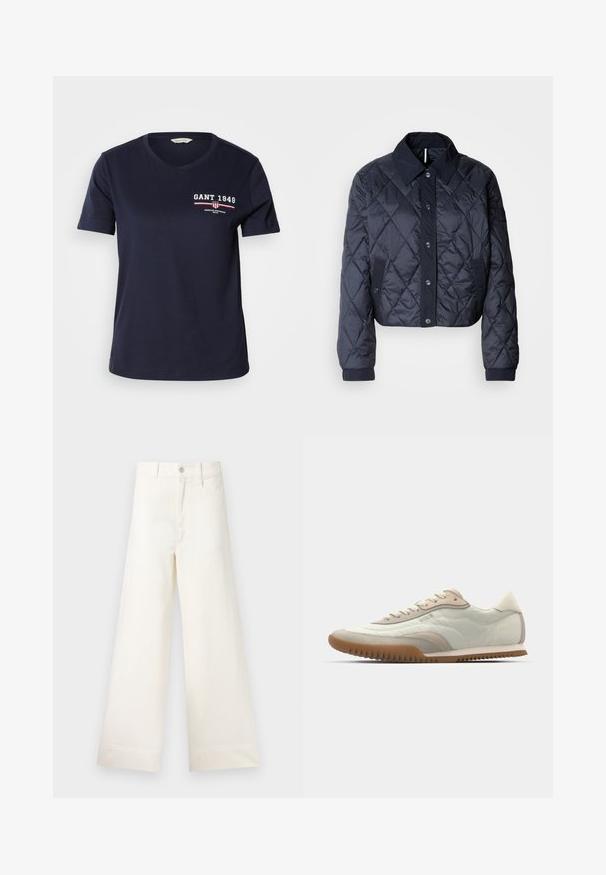 Mørkeblå quiltet jakke med en stor krave, knaplukning foran og elastiske manchetter. Har diagonal syning og sidelommer. Blød, glat tekstur.; Marineblå bomulds T-shirt med V-hals, korte ærmer, der har hvid og rød logo-tekst "GANT 1949" og design detaljer på venstre bryst.; Bredde benbukser i lys beige bomuld. Har høj talje, for- og baglommer samt lige pasform. Renset kantafslutning uden mønstre.; Hvide og beige sneakers med en glat overdel og suede detaljer, en tekstureret sål og tonet syninger. Snørelukning med logo detalje.