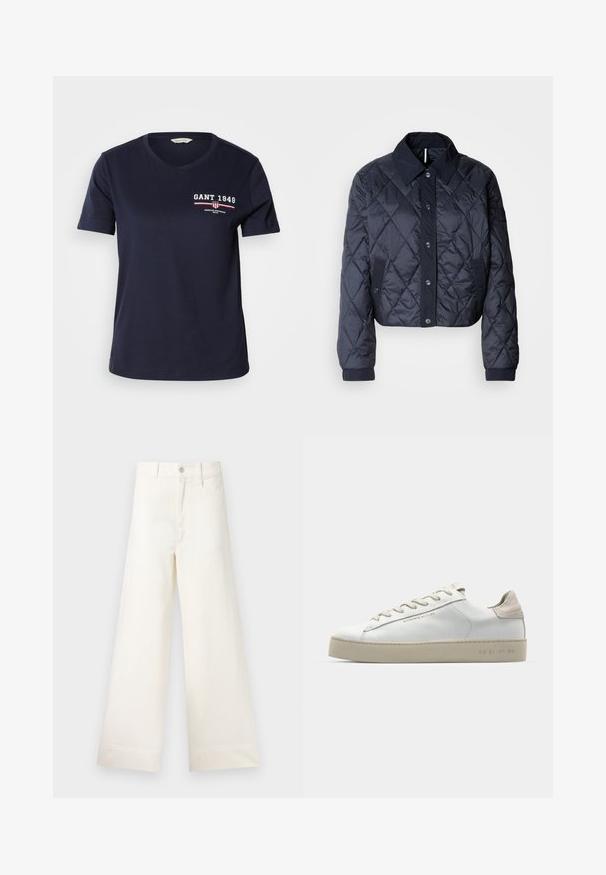 Navy blue quilted jacket with a large collar, button front, and elastic cuffs. Features diagonal stitching and side pockets. Soft, smooth texture.; Navy blue cotton t-shirt with a V-neck, short sleeves, featuring white and red logo text "GANT 1949" and design accents on the left chest.; Wide-leg trousers in light beige cotton. Features a high waist, front pockets, and a straight cut. Clean hem finishing without patterns.; White leather sneaker with a smooth finish, beige suede accents, round toe, flat lace-up design, and a textured rubber sole.