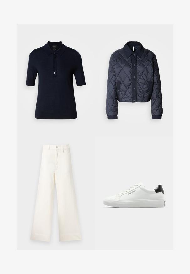 Mornarsko modra kvačkana jakna z velikim ovratnikom, gumbi spredaj in elastičnimi manšetami. Ima diagonalno šivanje in stranske žepe. Mehka, gladka tekstura.; Temno modra polo majica iz gladkega materiala, s ovratnikom, kratkimi rokavi in zapenjanjem na gumbe ter manjšim logotipom.; Široke hlače iz svetlo bež bombaža. Imajo visoko pas, sprednje žepke in ravno krojenje. Čist zaključek brez vzorcev.; Beli športni čevelj z gladko površino, črnim podplatom in sistemom vezalk. Na strani je oznaka "Calvin Klein". Minimalističen slog.