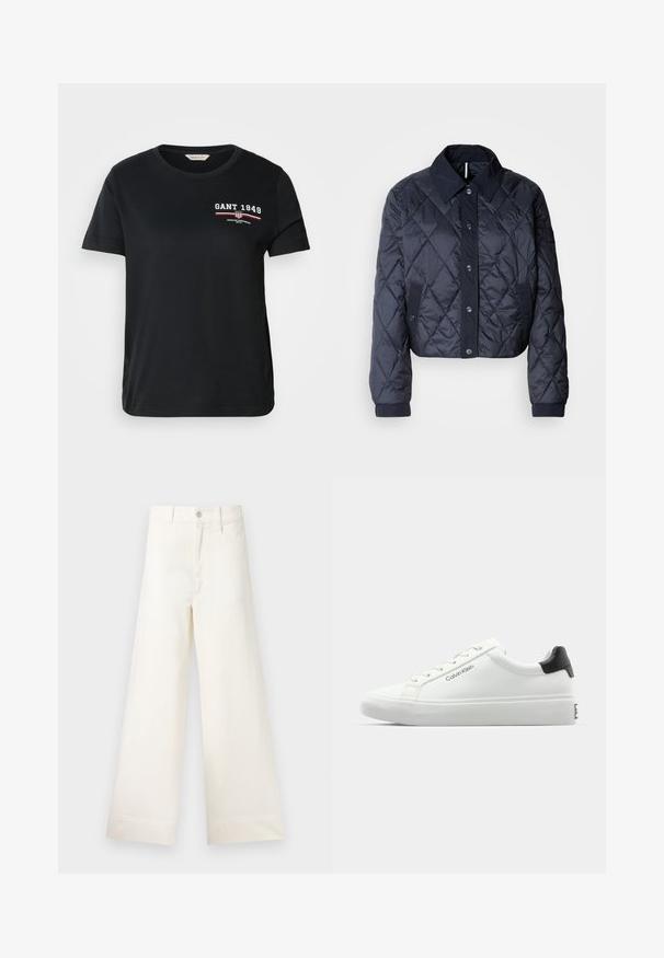 Mörkblå quiltad jacka med en stor krage, knappstängning fram och elastiska ärmar. Har diagonala sömmar och sidofickor. Mjuk, slät textur.; Svart bomullströja med rund halsringning och korta ärmar, med en vit och röd "GANT 1949"-logotyp och text på vänster bröst.; Videbeniga byxor i ljusbeige bomull. Funktioner inkluderar hög midja, framfickor och rak skärning. Rena avslutningar utan mönster.; Vit sneaker med slät finish, svart hälaccent och snörningsdesign. Har "Calvin Klein"-logotyp på sidan. Minimalistisk stil.
