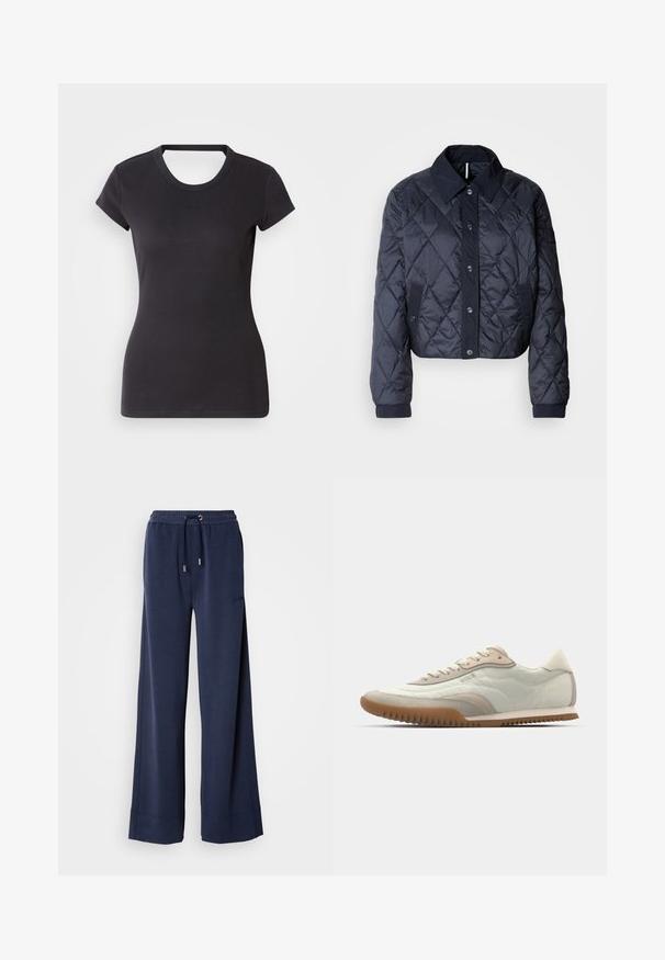 Navy blue quilted jacket with a large collar, button front, and elastic cuffs. Features diagonal stitching and side pockets. Soft, smooth texture.; Black ribbed short-sleeve t-shirt featuring a crew neckline and small embroidered logo on the chest. Soft, stretchy fabric with a fitted shape.; Navy wide-leg pants made from soft fabric featuring an elastic waistband with a drawstring and logo detail on the front left leg.; White and beige sneaker featuring a smooth upper with suede accents, a textured sole, and tonal stitching. Lace-up closure with logo detail.