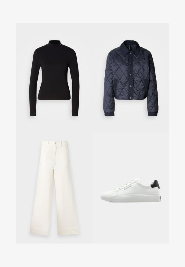 Sötétkék steppelt dzseki nagy gallérral, gombos elülső résszel és rugalmas mandzsettákkal. Áttört varrásokkal és oldalsó zsebekkel rendelkezik. Puha, sima textúrájú.; Fekete, hosszú ujjú garbós felső sima anyagból, testhez álló fazonban, apró logóval a nyakrész közelében.; Világos bézs pamut széles lábú nadrág. Magas derék, elülső zsebek és egyenes vonalú fazon jellemzi. Tiszta, mintázat nélküli hem befejezés.; Fehér sneaker sima felülettel, fekete sarok akcentussal és fűzős dizájnnal. Oldalán "Calvin Klein" márkázás található. Minimalista stílus.
