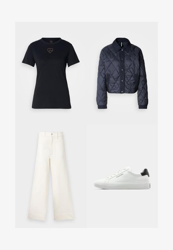 Mørkeblå quiltet jakke med en stor krave, knaplukning foran og elastiske manchetter. Har diagonal syning og sidelommer. Blød, glat tekstur.; Sort bomulds t-shirt med rund halsudskæring, korte ærmer og et hjerteformet logo broderet i rosaguld på brystet.; Bredde benbukser i lys beige bomuld. Har høj talje, for- og baglommer samt lige pasform. Renset kantafslutning uden mønstre.; Hvid sneakers med en glat overflade, sort hælaccent og snørebåndsdesign. Har "Calvin Klein" branding på siden. Minimalistisk stil.
