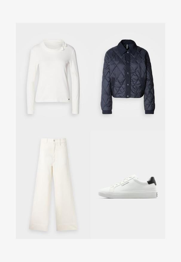Navy blue quilted jacket with a large collar, button front, and elastic cuffs. Features diagonal stitching and side pockets. Soft, smooth texture.; White long-sleeve top with a boat neck and a folded collar detail. Made of soft fabric with a smooth texture. Small logo accent at the hem.; Wide-leg trousers in light beige cotton. Features a high waist, front pockets, and a straight cut. Clean hem finishing without patterns.; White sneaker with a smooth finish, black heel accent, and lace-up design. Features "Calvin Klein" branding on the side. Minimalist style.