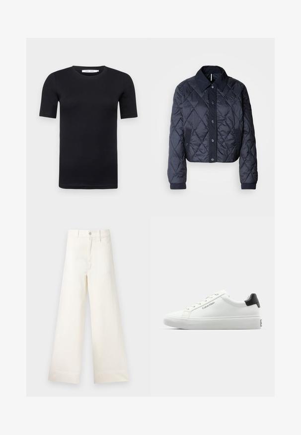 Tamno plava jakna sa kvadratićastim uzorkom, velikim ovratnikom, dugmadi sprijeda i elastičnim manžetama. Ima dijagonalne šavove i bočne džepove. Mekana, glatka tekstura.; Crna majica kratkih rukava izrađena od mekog pamuka. Ima okrugli izrez i jednostavan, bešavni dizajn.; Hlače širokih nogavica u svijetloj bež pamučnoj tkanini. Imaju visoki struk, prednje džepove i ravni kroj. Čista obruba bez uzoraka.; Bijele tenisice s glatkom površinom, crnim naglaskom na peti i dizajnom vezanja. Sadrže "Calvin Klein" oznaku sa strane. Minimalistički stil.