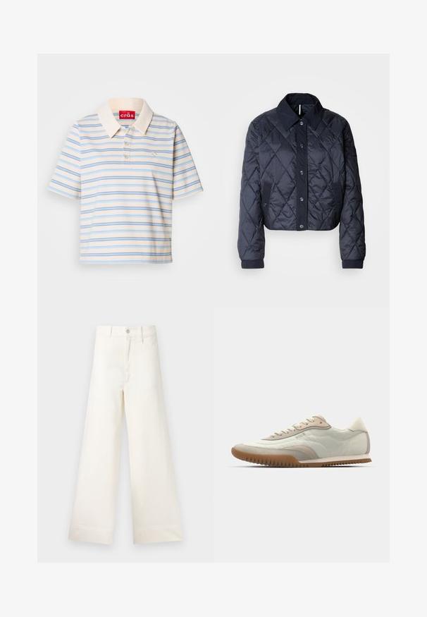 Granatowa pikowana kurtka z dużym kołnierzem, zapinana na guziki, z elastycznymi mankietami. Oferuje skośne przeszycia i boczne kieszenie. Miękka, gładka faktura.; Krótki rękaw polo w kolorze kremowym z niebieskimi i brązowymi poziomymi paskami, z kołnierzykiem zapinanym na guziki i małym logo na lewej piersi.; Szerokie spodnie w jasnym beżowym kolorze wykonane z bawełny. Charakteryzują się wysokim stanem, kieszeniami z przodu oraz prostym krojem. Czyste wykończenie brzegów bez wzorów.; Białe i beżowe sneakersy z gładką cholewką w akcentach z zamszu, teksturowaną podeszwą i tonowanymi szwami. Zapięcie na sznurówki z detalem logo.