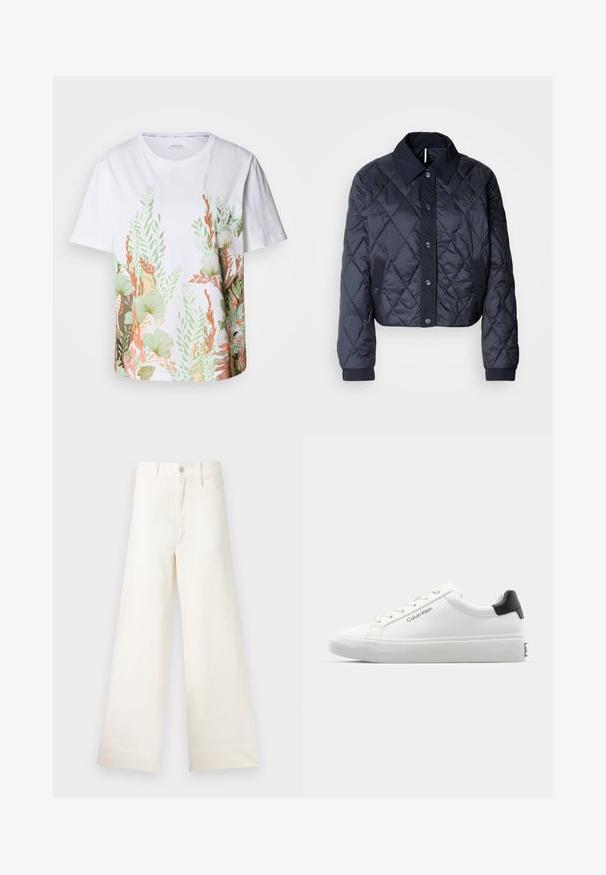 Tmavě modrá prošívaná bunda s velkým límcem, zapínáním na knoflíky a elastickými manžetami. Má diagonální prošití a boční kapsy. Měkká, hladká textura.; Bílý bavlněný tričko s živým botanickým potiskem v zelené, oranžové a hnědé. Krátké rukávy a kulatý výstřih.; Kalhoty s širokými nohavicemi v světle béžové bavlně. Mají vysoký pas, přední kapsy a rovný střih. Čistý lem bez vzorů.; Bílé tenisky s hladkým povrchem, černým akcentem na patě a šněrovacím designem. Na boku mají značku "Calvin Klein". Minimalistický styl.