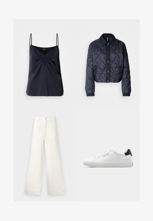 Giacca trapuntata blu navy con un ampio colletto, chiusura anteriore con bottoni e polsini elasticizzati. Presenta cuciture diagonali e tasche laterali. Tessuto morbido e liscio.; Camisola di seta blu navy con spalline sottili, scollatura a V e dettagli arricciati sul petto; texture liscia e vestibilità comoda.; Pantaloni a gamba larga in cotone beige chiaro. Caratterizzati da vita alta, tasche anteriori e un taglio dritto. Orlo pulito senza motivi.; Sneaker bianca con finitura liscia, accentuazione nera sul tallone e design con lacci. Presenta il marchio "Calvin Klein" sul lato. Stile minimalista.
