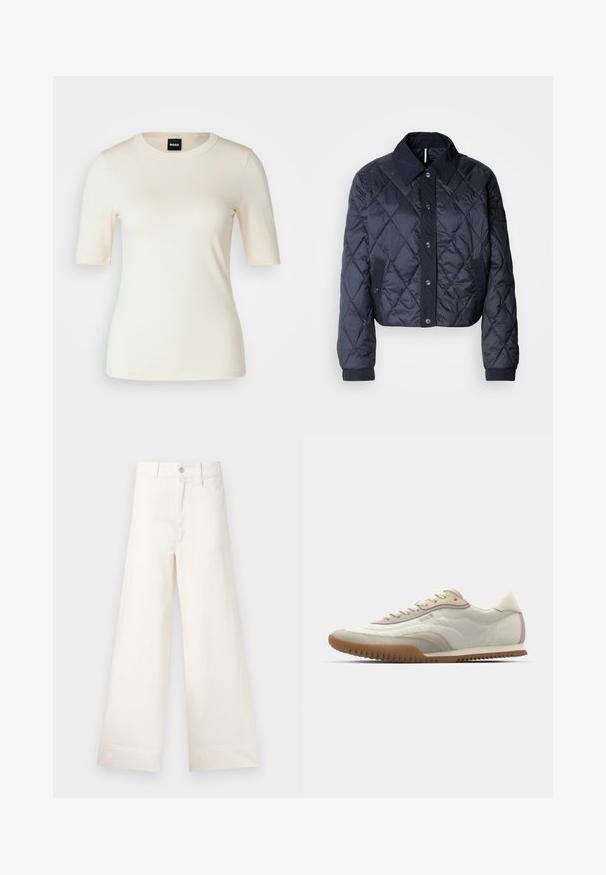 Tmavě modrá prošívaná bunda s velkým límcem, zapínáním na knoflíky a elastickými manžetami. Má diagonální prošití a boční kapsy. Měkká, hladká textura.; BOSS EFITA - Jednoduché tričko - open yellow; Kalhoty s širokými nohavicemi v světle béžové bavlně. Mají vysoký pas, přední kapsy a rovný střih. Čistý lem bez vzorů.; Bílé a béžové sneakers s hladkým svrškem a semišovými detaily, strukturovanou podešví a tónovaným prošíváním. Šněrování s logem.